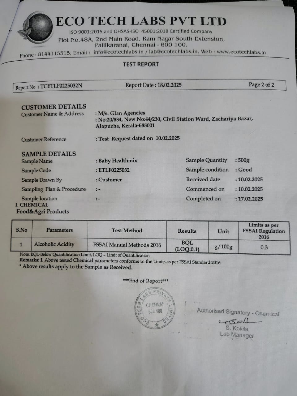 Alcoholic Acidity Test Report