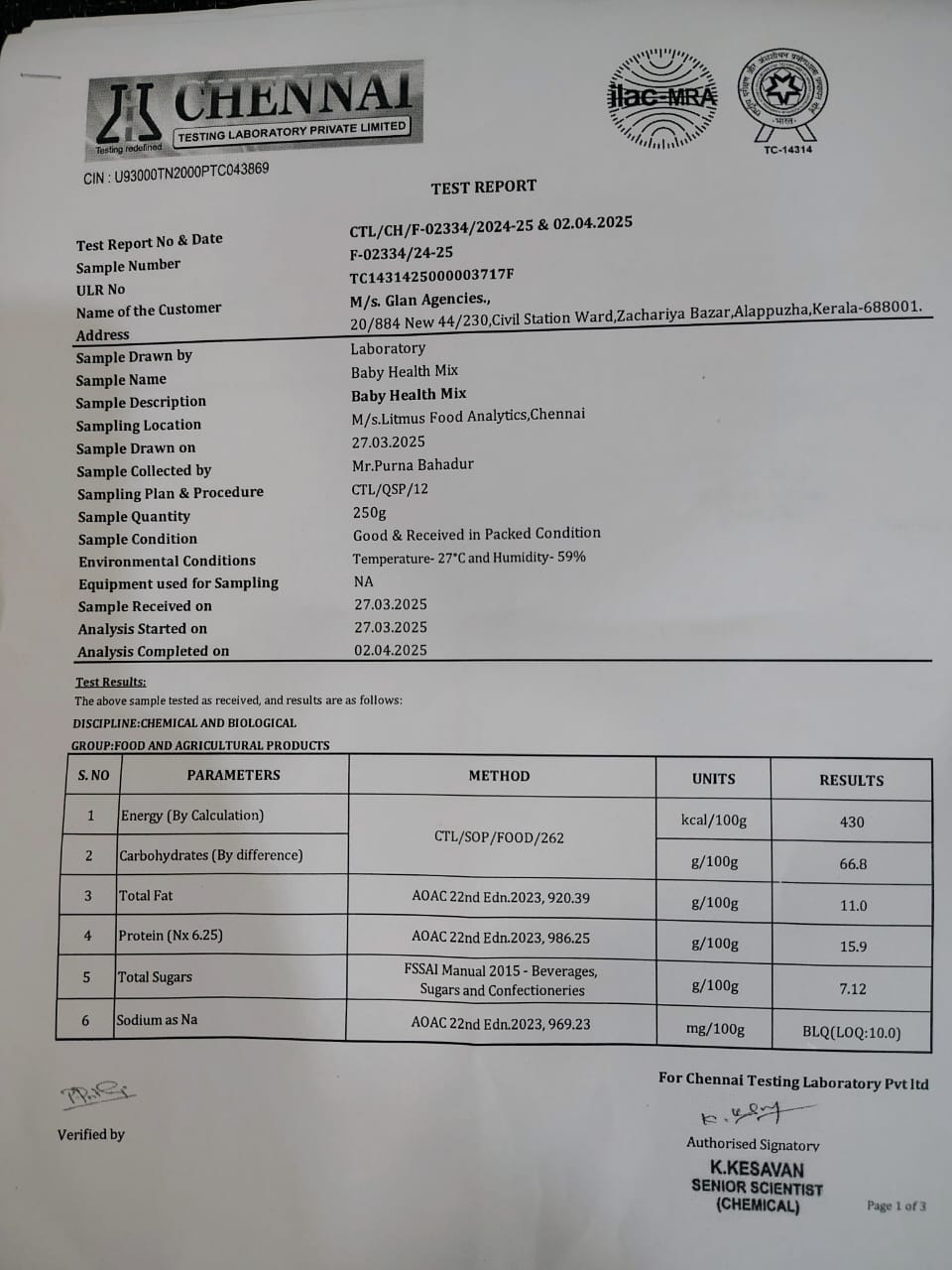 Nutritional Analysis Test Report